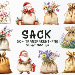 Bundle de cliparts aquarelle sac Png, fichiers Png de sac, cliparts de sac du père Noël, sac de pommes de terre Png, fleurs sac Png, sticker sac, clipart transparent