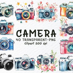 May include: Watercolor illustrations of various cameras in different colors, including blue, red, and orange. The word "CAMERA" is displayed in large, black letters, along with text indicating "40 TRANSPARENT~PNG Clipart 300 dpi."