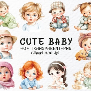 Watercolor Cute Baby Png Clipart Bundle | Cute Baby Png Files, Baby Shower Clipart, Babies Clipart Png, Cute Baby Decal, Transparent Clipart