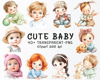 Clipart de bebé en acuarela / Paquete PNG transparente (descarga digital)
