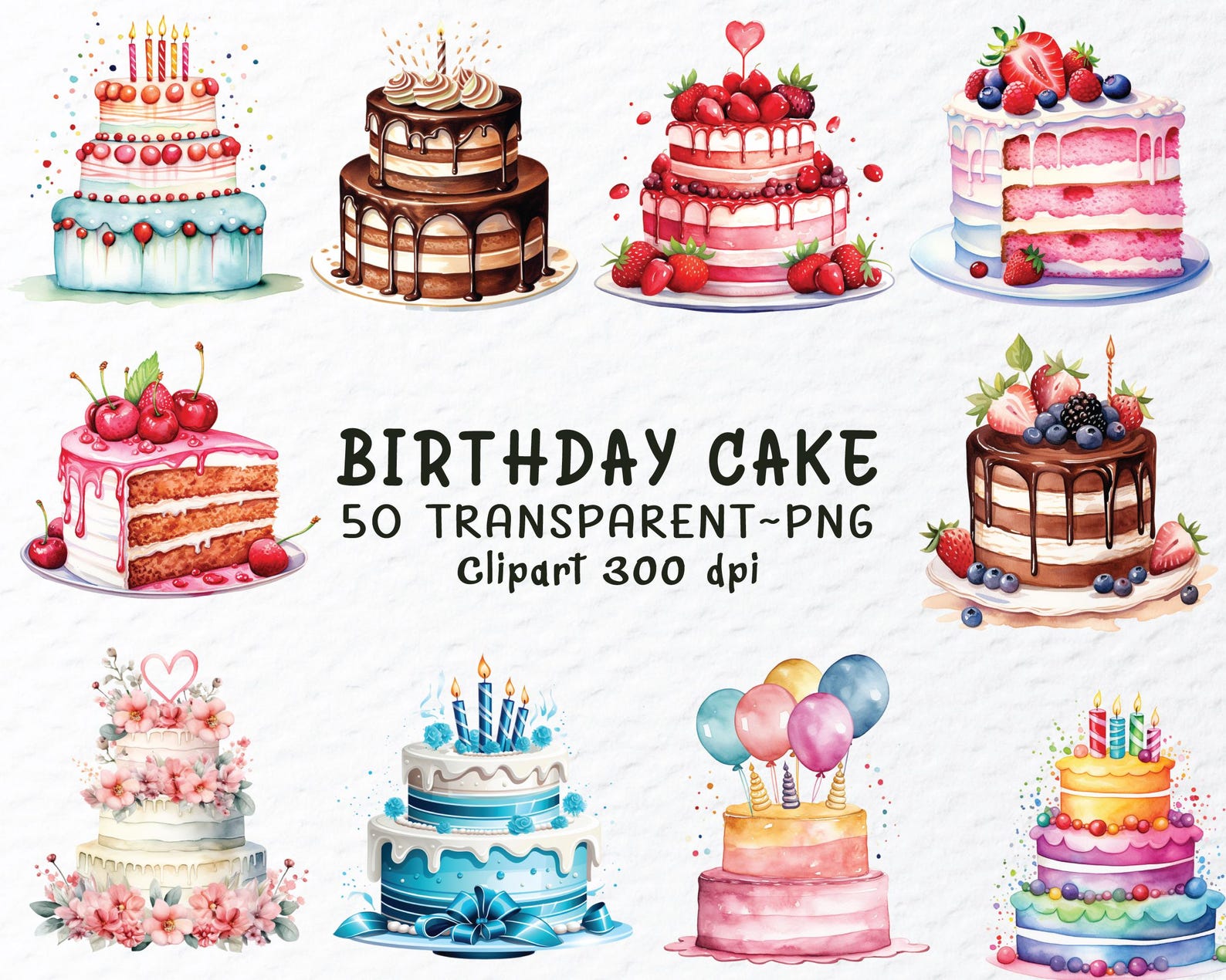 Watercolor Birthday Cake Clipart PNG Bundle: Transparent Decals ...