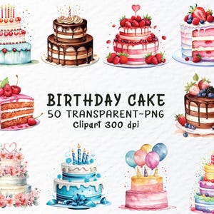 Bundle de cliparts Png pour gâteau d'anniversaire, fichiers Png pour gâteau d'anniversaire savoureux aquarelle, cliparts joyeux anniversaire, Png de délicieux gâteau, sticker Transparent pour gâteau