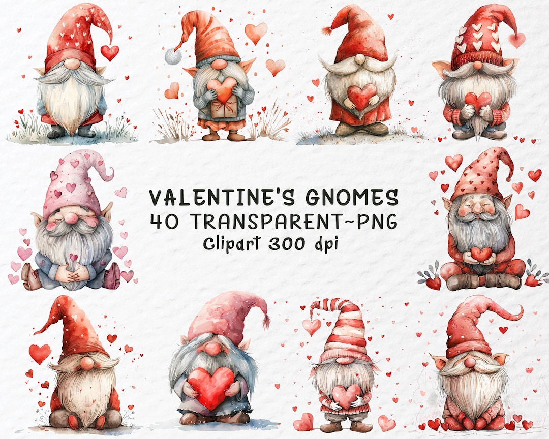 Valentine’s Gnomes Clipart Png Bundle, Watercolor Valentines Day Clip ...
