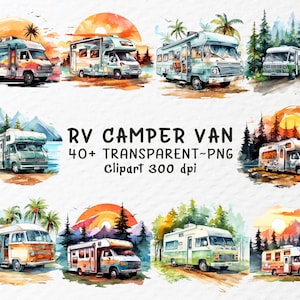 May include: A collection of watercolour illustrations featuring RV camper vans set against scenic backgrounds such as beaches, forests, and mountains. The image includes the text "RV CAMPER VAN 40+ TRANSPARENT~PNG Clipart 300 dpi."