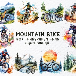Mountainbike Png Clipart Bundle, Aquarell Fahrrad Png-Dateien, Fahrrad Clipart, Off-Road Radfahren Landschaft, Fahrrad Aufkleber, transparente Clipart