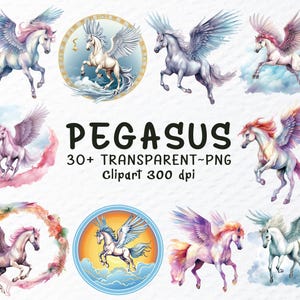 Peut inclure: Un ensemble de plus de 30 illustrations d'aquarelle de Pégase, un cheval mythique ailé. Les illustrations sont dans diverses poses et présentent différentes couleurs, notamment le blanc, le rose, le bleu et le violet. Les illustrations sont parfaites pour ajouter une touche de magie à tout projet.