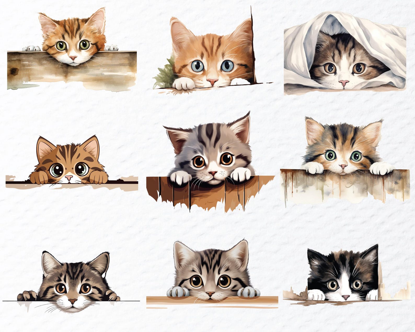 Watercolor Peeking Cat Clipart Bundle: Transparent PNG Files (digital ...