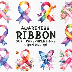Awareness Ribbon Png Clipart Bundle | Aquarell Awareness Ribbon Png-Dateien | Blumenband Png, Bewusstseinsschleife Aufkleber, Transparente Clipart