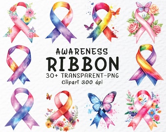 Watercolor Awareness Ribbon PNG Clipart Bundle (Digital Download)