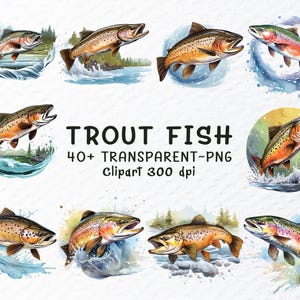 Trout Fish Clipart Png Bundle, Watercolor Trout Fish Png Files, Rainbow Trout Clipart, Trout Fishing Png, Animal Clip Art, Trout Fish Decal
