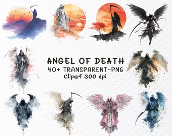 Op de afbeelding: Een verzameling aquarel illustraties met de Engel des Doods. De afbeeldingen tonen de Grim Reaper met een zeis, vaak tegen een zonsondergang of zonsopgang. De tekst "ANGEL OF DEATH" en andere details zijn ook opgenomen.