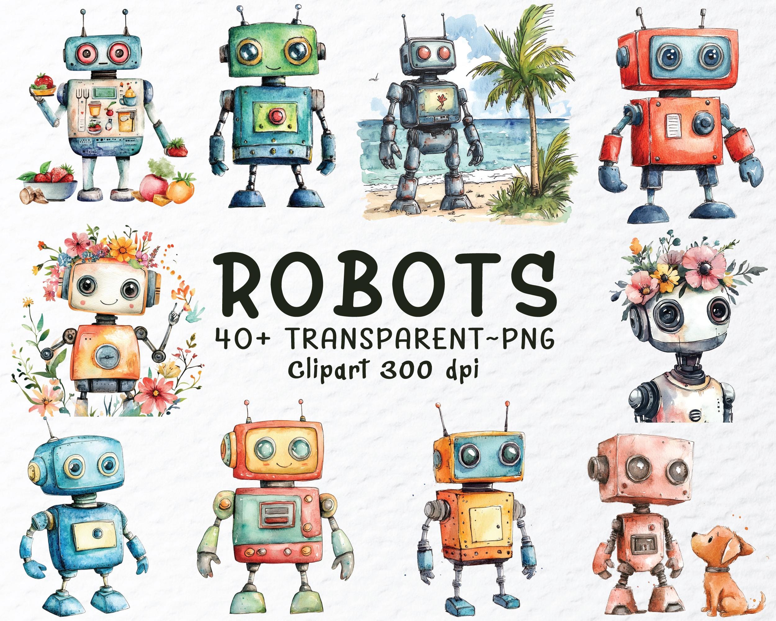 Cute Robots Png Clipart Bundle, Watercolor Cute Robot Png Files, Floral Robot Clipart, Vintage Robots Png, Robots Decal, Transparent Clipart