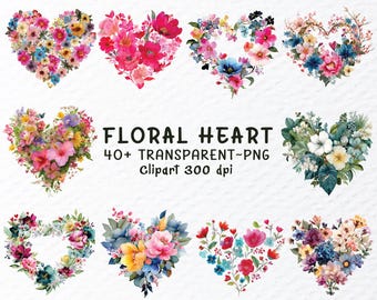 Floral Heart Bundle, Flower Heart PNG, Romantic Botanical Clipart, Wedding Love Design