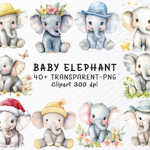 Baby Elephant Png Clipart Bundle | Watercolor Baby Elephant Png Files, Baby Shower Clipart, Animal, Baby Elephant Decal, Transparent Clipart