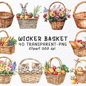 Aquarel rieten mand png clipart bundel, rieten mand png-bestand, bloemenmand clipart, fruitmand, mand sticker, transparante clipart