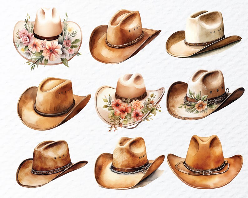Watercolor Cowboy Hat Clipart Bundle, Wild West Png Files (digital ...