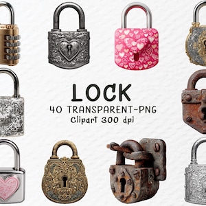 Puede incluir: Colección de candados decorativos en varios estilos. Incluye un candado de combinación, candados en forma de corazón y diseños ornamentados. La imagen también presenta la palabra "LOCK" y texto que indica 40 imágenes prediseñadas PNG transparentes a 300 ppp.