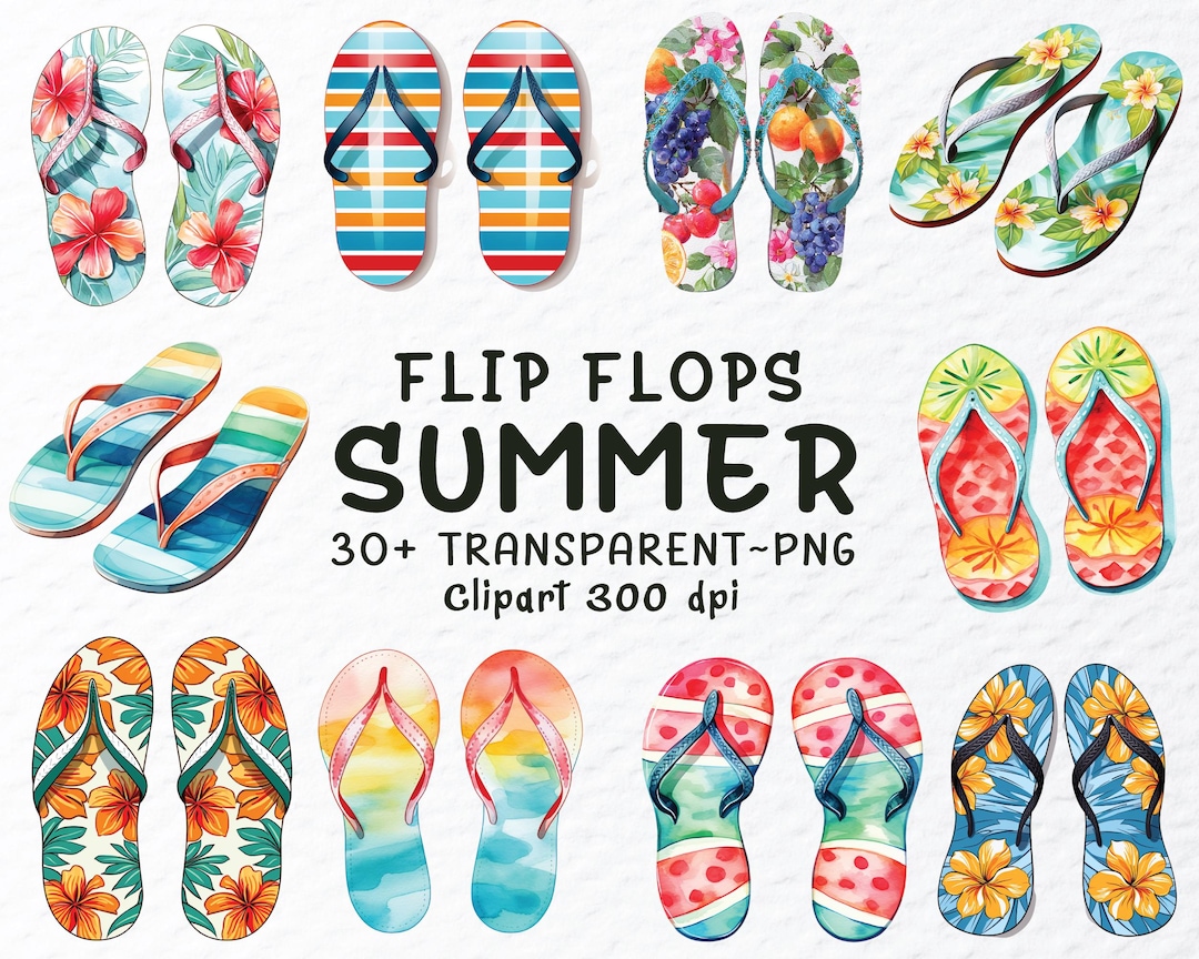Watercolor Flip Flops Clipart: Summer Beach Shoes PNG Bundle (digital ...