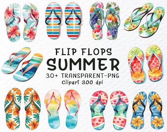 Watercolor Flip Flops Clipart: Summer Beach Shoes PNG Bundle (Digital Download, 1024x1024px)