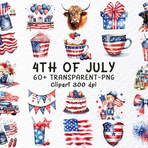 Pacchetto di clipart PNG del 4 luglio, file PNG acquerellati del 4 luglio, clipart del Giorno dell'Indipendenza, PNG festivo americano, 4 luglio trasparente