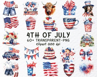 Watercolor 4th of July Clipart Bundle, Patriotic PNG Files (Digital Download)
