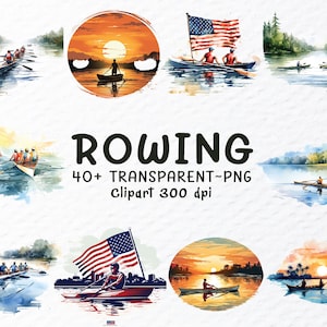 May include: Watercolor illustrations of rowing scenes, featuring boats on calm water with people rowing. Some images include an American flag and sunset backgrounds. The word "ROWING" is displayed in large, black letters.