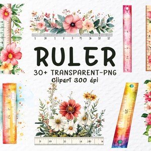 Ruler Png Clipart Bundle | Watercolor Ruler Png Files, Floral Ruler Clipart Png, Student Ruler Clipart Png, Ruler Decal, Transparent Clipart