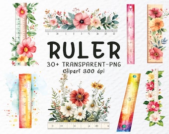 Ruler Png Clipart Bundle | Watercolor Ruler Png Files, Floral Ruler Clipart Png, Student Ruler Clipart Png, Ruler Decal, Transparent Clipart