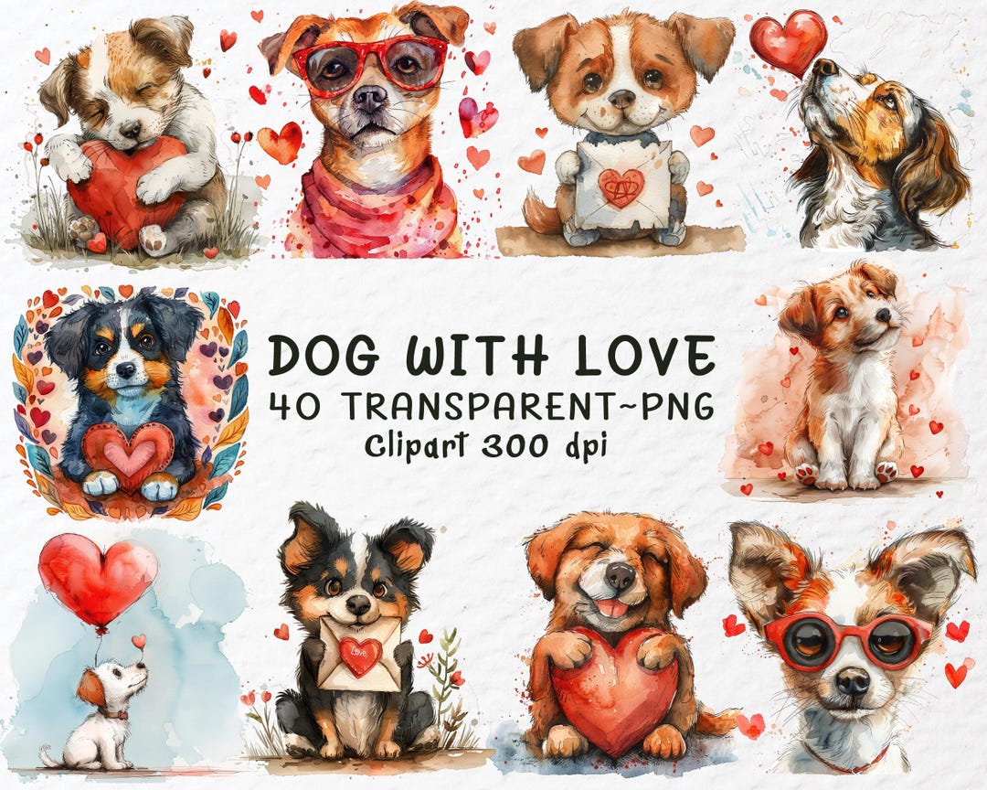 Dog With Love PNG Clipart Bundle, Puppy Heart PNG, Romantic Pet ...