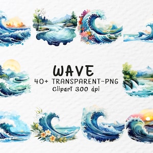 Puede incluir: Conjunto de imágenes prediseñadas de acuarela con varios diseños de olas oceánicas en tonos azules y verdes. La palabra "WAVE" se muestra en negro, junto con texto que indica 40+ imágenes prediseñadas PNG transparentes a 300 ppp.