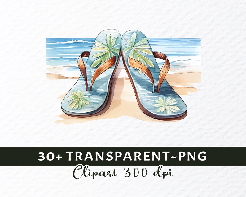 Watercolor Flip Flops Clipart: Summer Beach Shoes PNG Bundle (digital ...