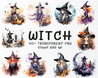 Watercolor Gothic Witch Clipart PNG Bundle: Halloween Graphics (Digital Download)