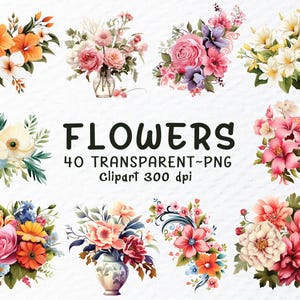 Pacchetto di clipart di fiori ad acquerello in formato PNG, file PNG di fiori, splendide grafiche floreali, clipart primaverili, decalcomanie floreali, clipart di fiori trasparenti