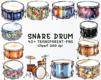 Watercolor Snare Drum PNG Clipart Bundle: Retro Music Decal (Digital Download)
