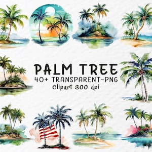 May include: A collection of watercolour illustrations depicting palm trees on islands and beaches. The images showcase tropical scenes with vivid colours, including blue water, green palm trees, and colourful skies. Text reads "PALM TREE 40+ TRANSPARENT~PNG Clipart 300 dpi."