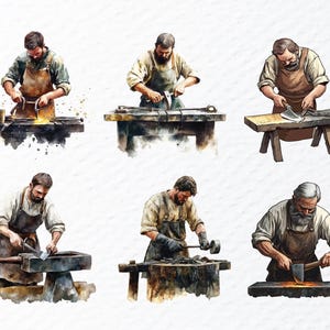Blacksmith Png Clipart Bundle, Watercolor Blacksmith Png Files, Metal Worker Clipart, Medieval Clipart, Blacksmith Decal Transparent Clipart