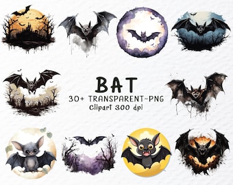 Watercolor Bat Clipart Bundle: Spooky Halloween PNG Files (1024x1024px, 300 DPI) (Digital Download