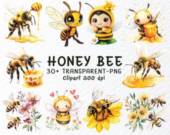 Watercolor Honey Bee Clipart Bundle, Transparent PNG Files (Digital Download)