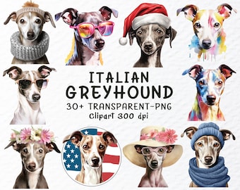 Könnte beinhalten: Eine Sammlung digitaler Illustrationen mit italienischen Windhunden in verschiedenen Posen und Outfits. Die Hunde sind in Aquarell-Stil mit lebendigen Farben und verspielten Ausdrücken dargestellt. Die Illustrationen sind perfekt, um personalisierte Projekte, Grußkarten zu erstellen oder Ihren Designs einen Hauch von Verspieltheit zu verleihen.