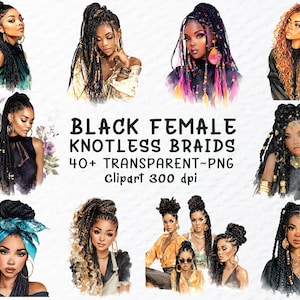 Könnte beinhalten: Aquarellillustrationen von schwarzen Frauen mit verschiedenen Frisuren, darunter knotenlose Zöpfe. Das Bild zeigt mehrere Porträts mit unterschiedlichen Hauttönen und Haarfarben. Der Text lautet "BLACK FEMALE KNOTLESS BRAIDS 40+ TRANSPARENT~PNG Clipart 300 dpi."