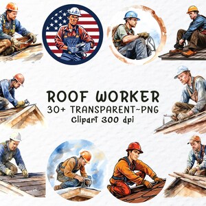Puede incluir: Un conjunto de ilustraciones digitales de trabajadores de techos en varias poses, incluyendo trabajar en un techo, sostener herramientas y mirar hacia el cielo. Las ilustraciones son de estilo acuarela y presentan una variedad de colores, incluyendo azul, rojo, amarillo y marrón. Las ilustraciones son perfectas para usar en una variedad de proyectos, como sitios web, redes sociales y materiales impresos.