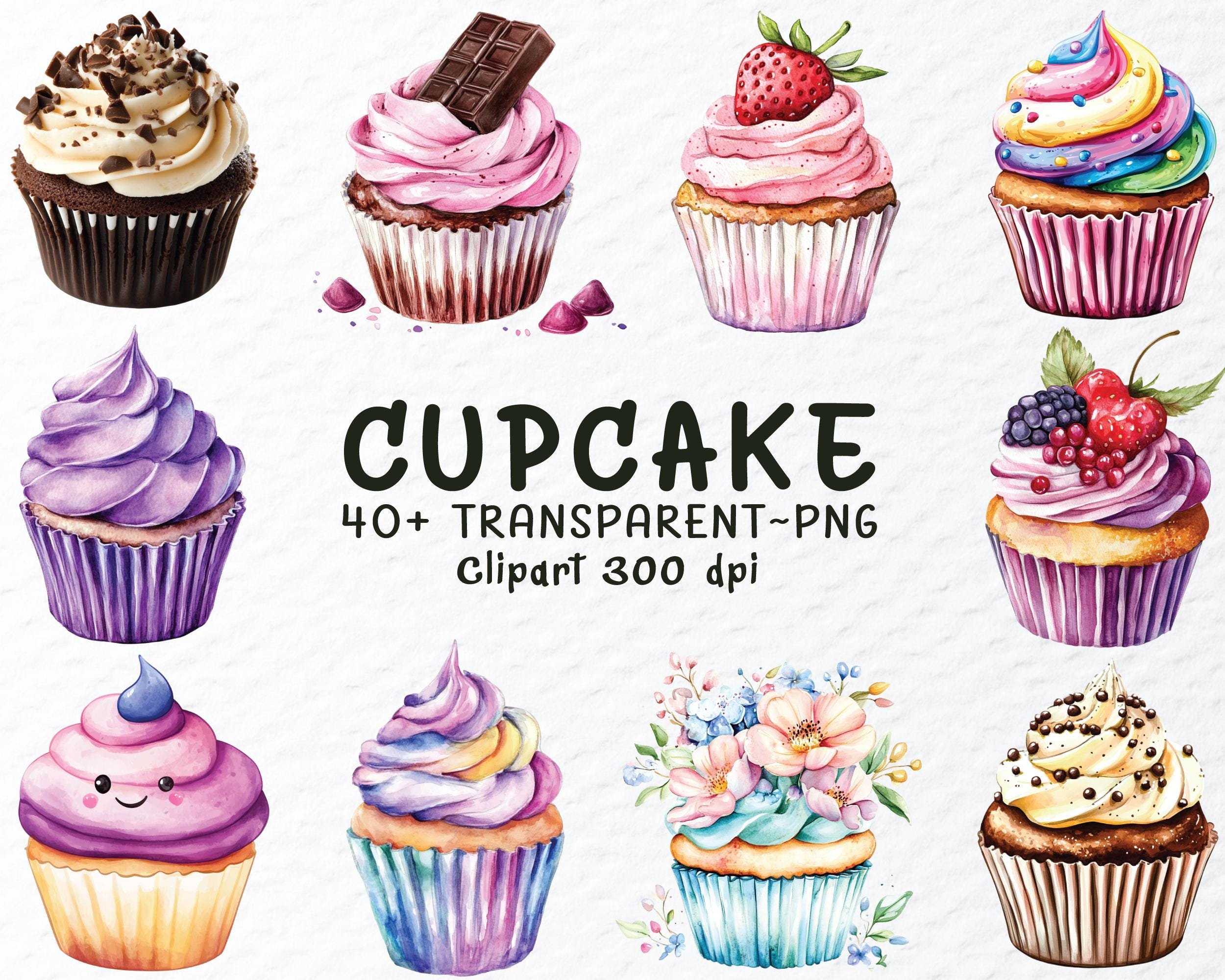 Watercolor Cupcake PNG Clipart Bundle: Birthday Dessert Graphics ...