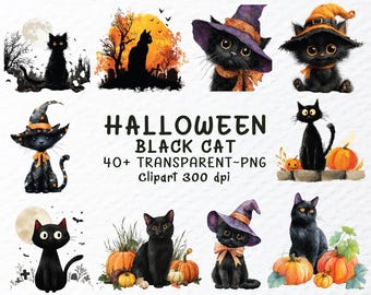 Aquarell-Halloween-Cliparts mit schwarzer Katze (PNG-Bundle, digitaler Download)