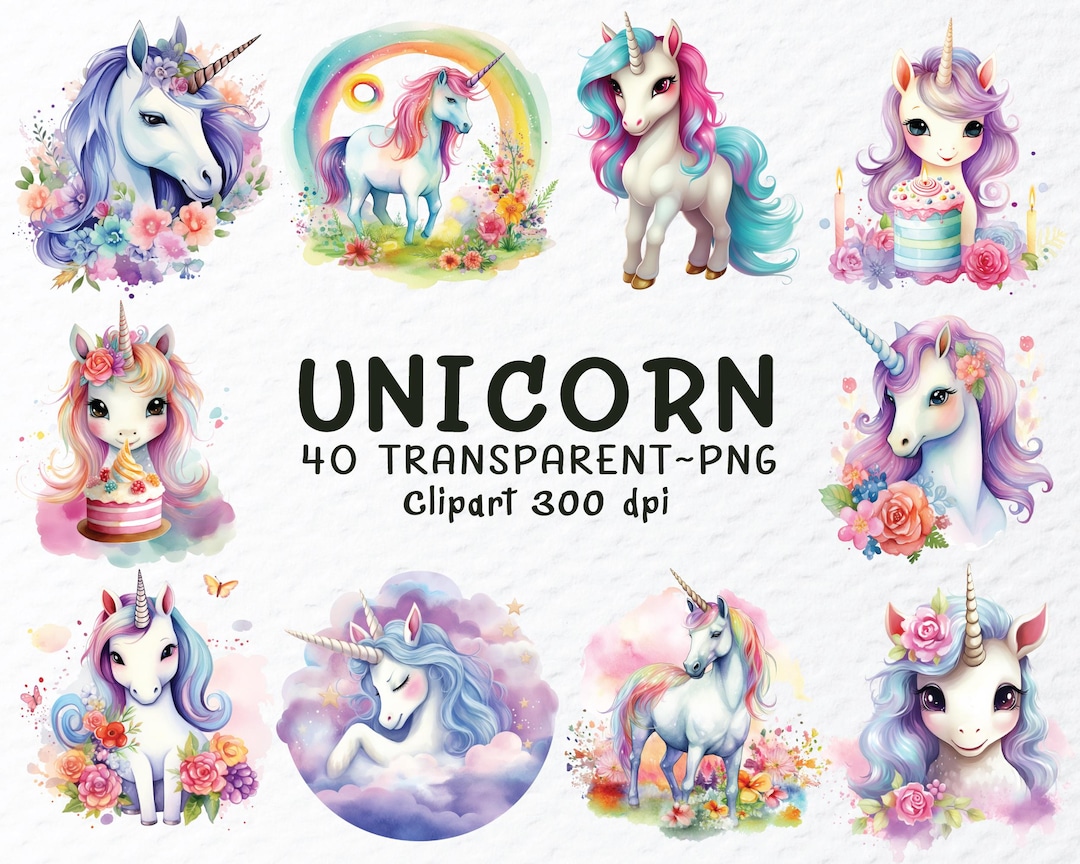 Watercolor Unicorn Clipart PNG Bundle: Pastel Rainbow Designs (digital ...