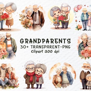Pacchetto di clipart PNG dei nonni, clipart acquerello dei nonni, clipart della nonna, clipart del nonno, adesivi trasparenti per la festa dei nonni
