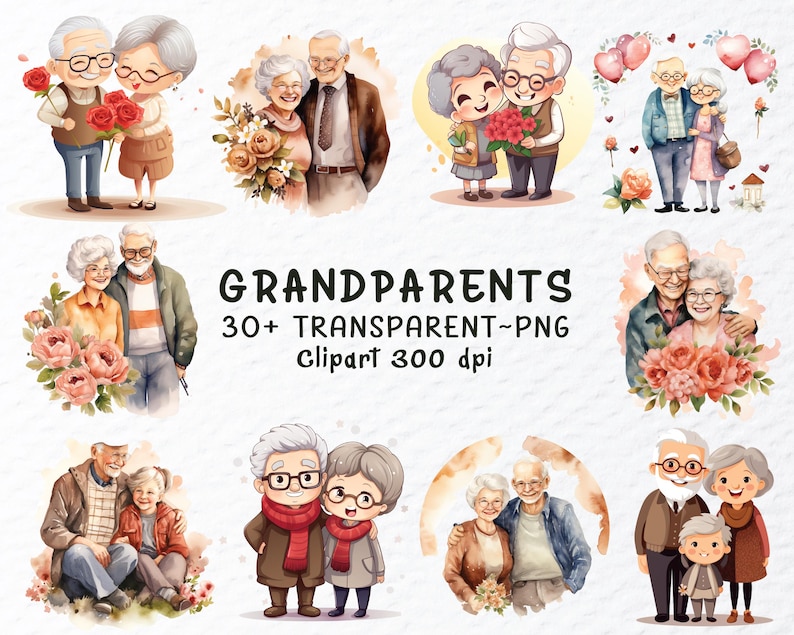 Grandparents Clipart, Grandparents Clip art, Grandparents Png Clipart Bundle, Watercolor Grandparents Png File, Grandma Clipart, Grandpa Clipart, Grandparents Decal, Transparent Clipart