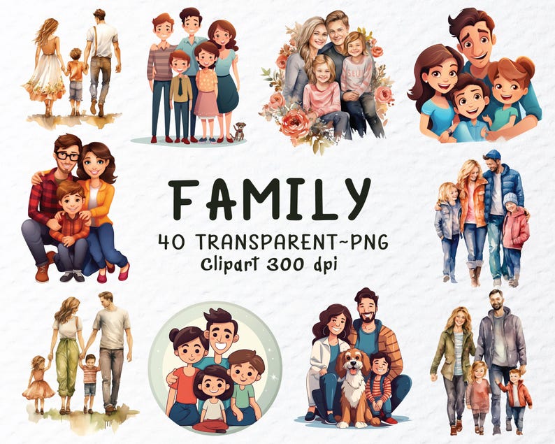 Watercolor Family Png Clipart Bundle | Family Png Files | Happy Family Clipart | Kids Mom Dad Clipart Png, Family Decal, Transparent Clipart