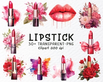 May include: Watercolor illustrations of red lipsticks, a pair of red lips, and floral arrangements. The word "LIPSTICK" is displayed in black text, along with "30+ TRANSPARENT-PNG" and "Clipart 300 dpi".