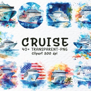 Paquete de imágenes prediseñadas de cruceros (en formato PNG) / Archivos de cruceros en acuarela (en formato PNG), imágenes prediseñadas de veleros, imágenes prediseñadas de vacaciones, calcomanías de cruceros, imágenes prediseñadas de barcos transparentes