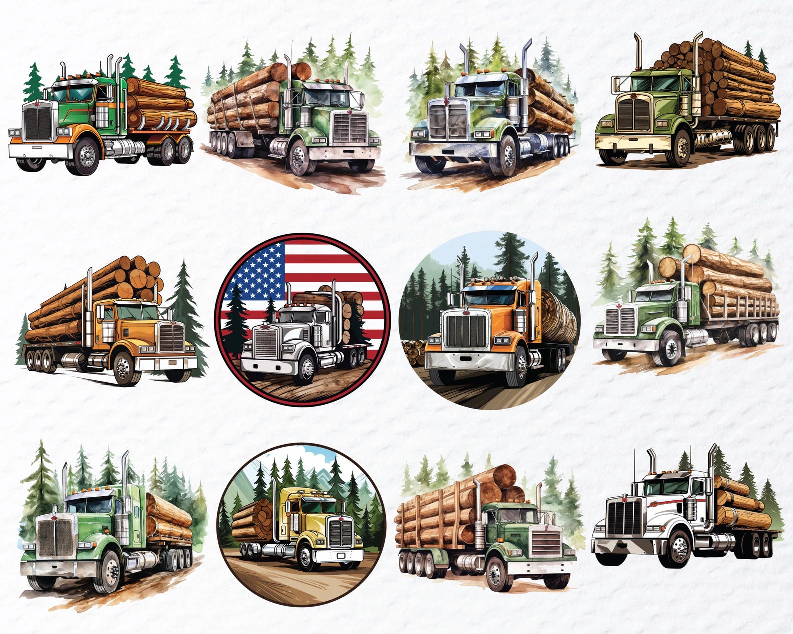 Watercolor Logging Truck Clipart Bundle: Timber Lorry PNG Files ...